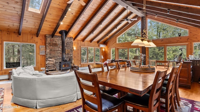 dining space featuring wooden walls, beamed ceiling, light wood-type flooring, and a wood stove