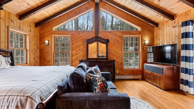 bedroom with wooden walls, vaulted ceiling with beams, light wood-type flooring, and baseboard heating