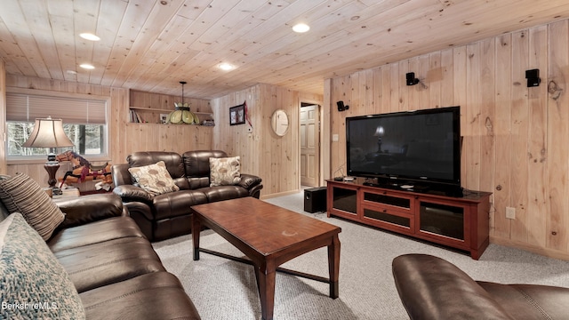 living area featuring recessed lighting, light carpet, wooden walls, and wooden ceiling