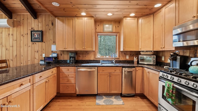 kitchen with a sink, wood ceiling, light wood finished floors, and stainless steel appliances