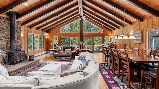 living area featuring wood finished floors, plenty of natural light, wood walls, and a wood stove