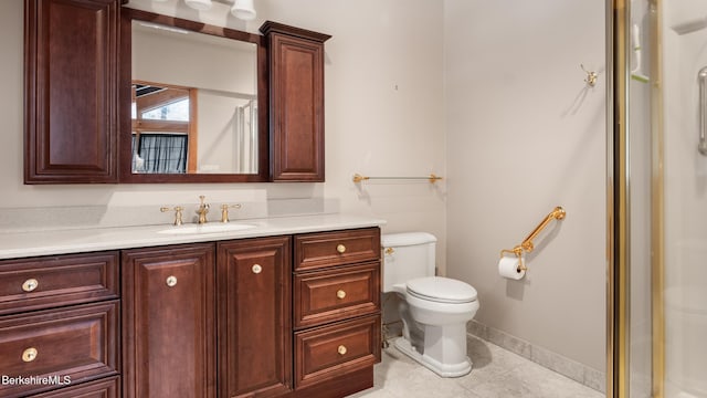 full bath with toilet, tile patterned flooring, a shower, baseboards, and vanity