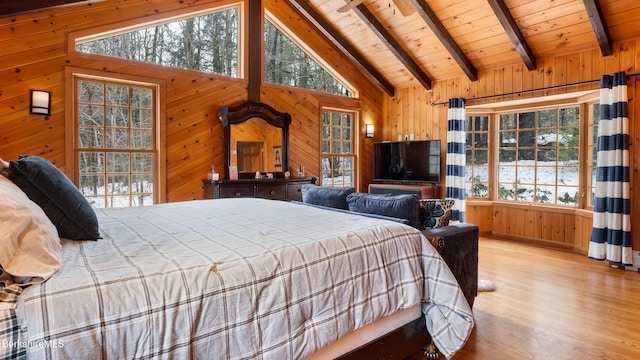 bedroom featuring wood finished floors, beam ceiling, wood walls, and wooden ceiling