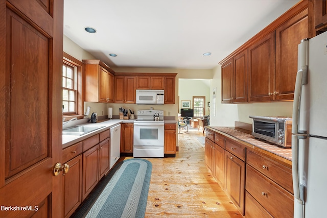 kitchen with a healthy amount of sunlight, light wood-type flooring, white appliances, and sink