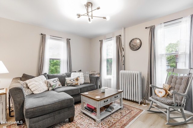 24 Front St Unit 22-24, Williamstown, MA 01267 - living area featuring radiator heating unit, a chandelier, and light wood-style flooring