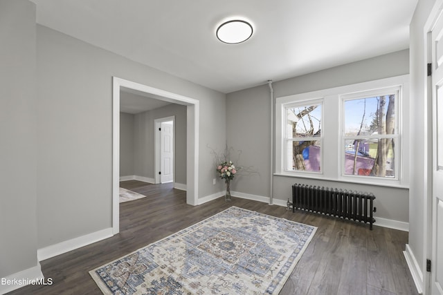 interior space featuring radiator heating unit, baseboards, and wood finished floors