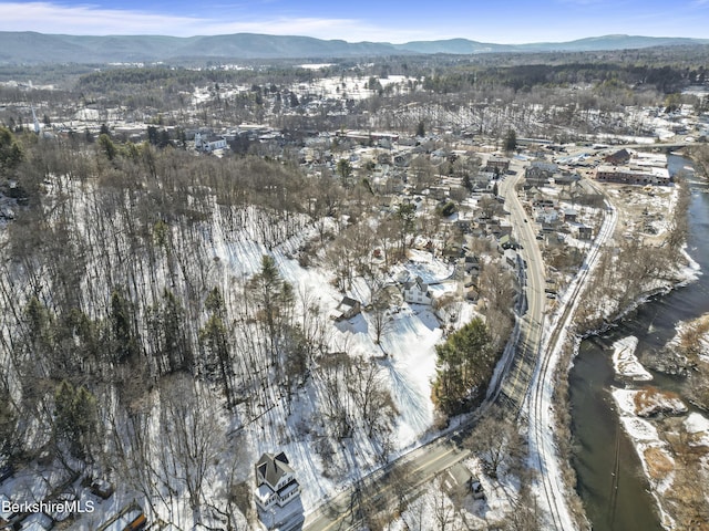 drone / aerial view featuring a mountain view