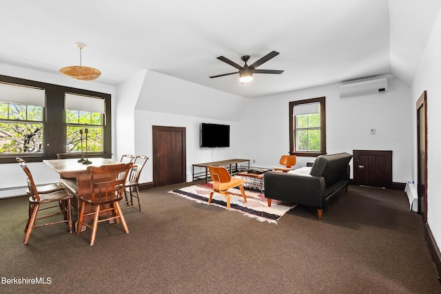 49 S St, Great Barrington, MA 01230 - living area featuring an AC wall unit, ceiling fan, vaulted ceiling, and dark colored carpet