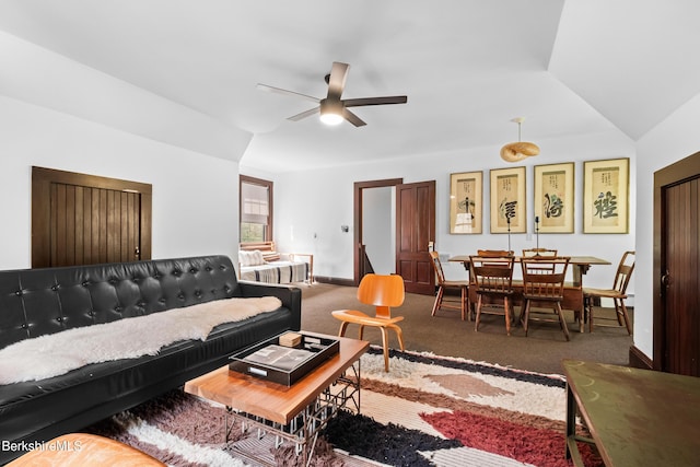 49 S St, Great Barrington, MA 01230 - living room with baseboards, carpet flooring, ceiling fan, and lofted ceiling