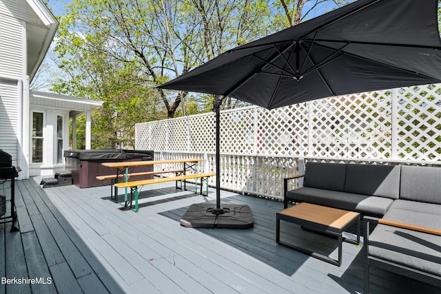 49 S St, Great Barrington, MA 01230 - wooden terrace with a hot tub and outdoor lounge area