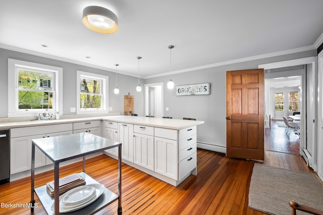 49 S St, Great Barrington, MA 01230 - kitchen featuring white cabinetry, a peninsula, a healthy amount of sunlight, and hardwood / wood-style floors