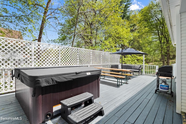 49 S St, Great Barrington, MA 01230 - wooden deck with a hot tub and area for grilling