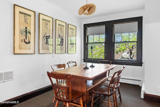 49 S St, Great Barrington, MA 01230 - dining area featuring carpet floors, baseboards, visible vents, and baseboard heating