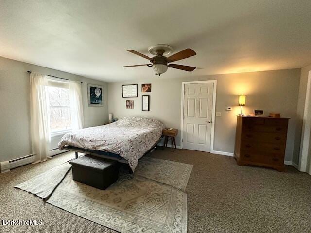 carpeted bedroom featuring baseboards, a ceiling fan, and a baseboard heating unit