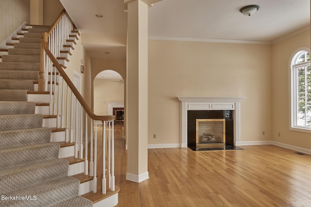 unfurnished living room featuring ornamental molding, light hardwood / wood-style floors, and ceiling fan