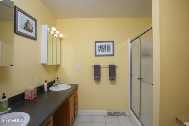 bathroom with double vanity, visible vents, tile patterned floors, a shower stall, and a sink