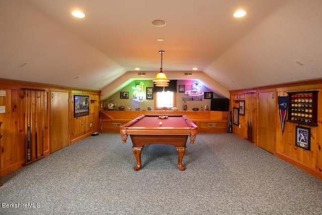 rec room featuring wooden walls, carpet, vaulted ceiling, and pool table