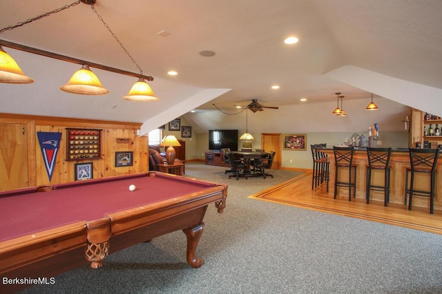 rec room with carpet flooring, ceiling fan, billiards, bar area, and lofted ceiling