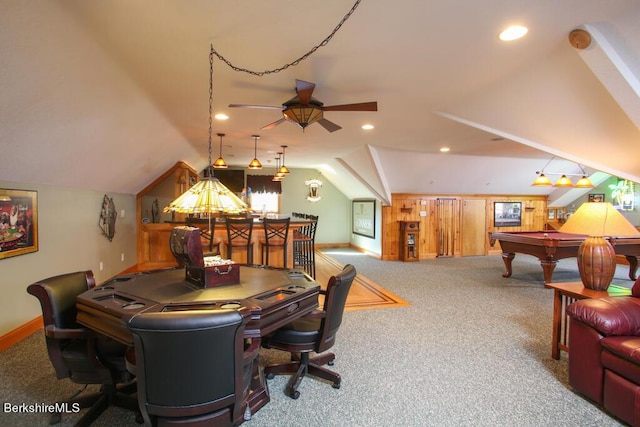 interior space featuring carpet flooring, ceiling fan, billiards, vaulted ceiling, and bar