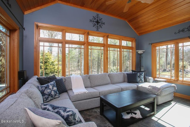 living room with ceiling fan, wooden ceiling, and lofted ceiling