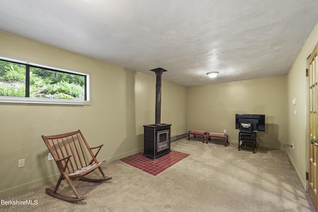 284 Brewer Branch Rd, New Marlborough, MA 01230 - living area with a wood stove, carpet, and baseboards