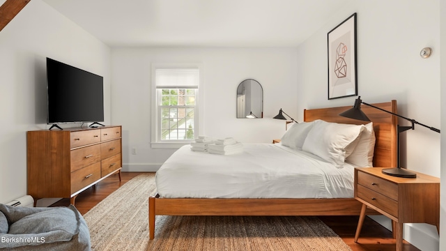 bedroom featuring dark hardwood / wood-style flooring and a baseboard heating unit