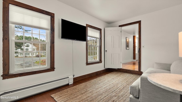 sitting room featuring dark hardwood / wood-style floors and baseboard heating