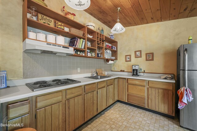 203-205 Main St, Hancock, MA 01237 - kitchen with appliances with stainless steel finishes, under cabinet range hood, a sink, wooden ceiling, and light countertops