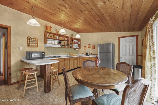 203-205 Main St, Hancock, MA 01237 - kitchen with appliances with stainless steel finishes, open shelves, light countertops, under cabinet range hood, and wood ceiling