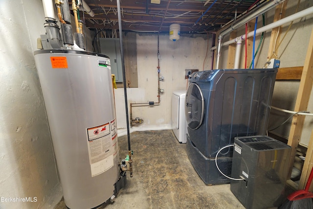 unfinished basement featuring separate washer and dryer, gas water heater, and electric panel