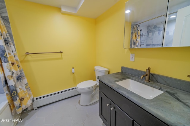 bathroom with tile patterned floors, a baseboard radiator, vanity, toilet, and shower / tub combo with curtain