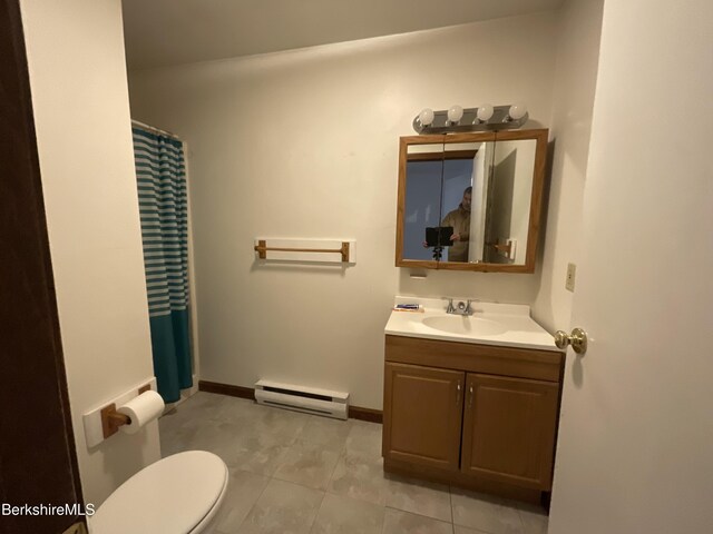 395 Laurel St, Lee, MA 01238 - bathroom featuring a baseboard radiator, tile patterned floors, vanity, toilet, and a shower with shower curtain