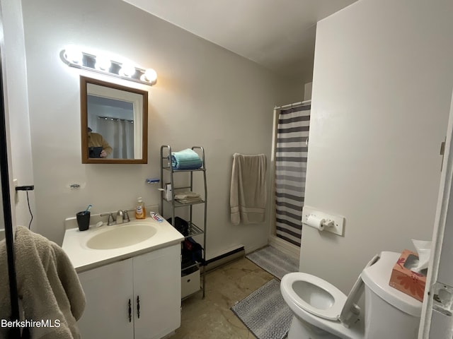 395 Laurel St, Lee, MA 01238 - bathroom with toilet, vanity, a baseboard heating unit, and curtained shower