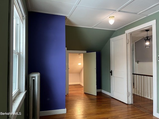 unfurnished bedroom with lofted ceiling, wood finished floors, and baseboards