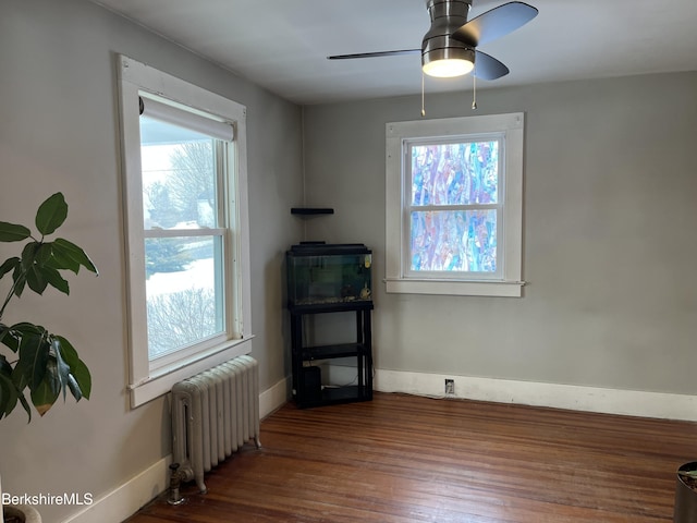 interior space with radiator, baseboards, a wealth of natural light, and wood finished floors