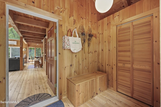 112 Silver St, Lanesborough, MA 01237 - mudroom featuring wood walls, hardwood / wood-style flooring, and lofted ceiling
