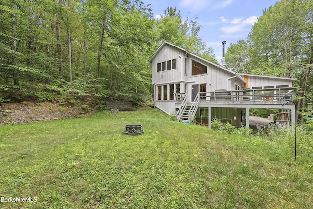 112 Silver St, Lanesborough, MA 01237 - back of house with a wooden deck, an outdoor fire pit, and stairs