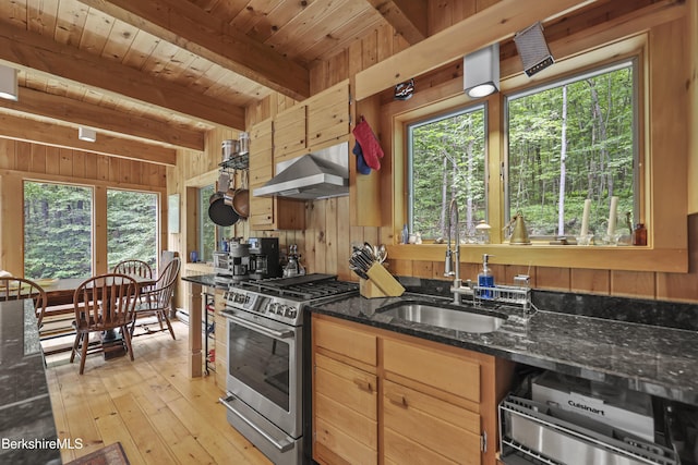 112 Silver St, Lanesborough, MA 01237 - kitchen with stainless steel gas range, wall chimney range hood, wood walls, a wooden ceiling with exposed beams, and light wood-style floors