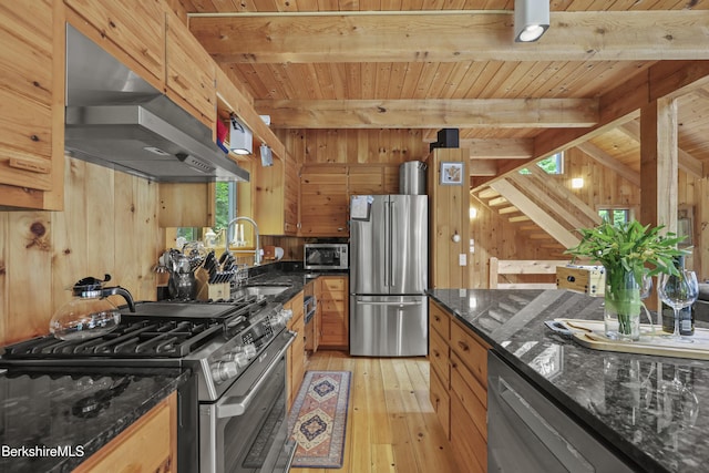 112 Silver St, Lanesborough, MA 01237 - kitchen with stainless steel appliances, under cabinet range hood, light wood-style floors, a wood ceiling with exposed beams, and wood walls