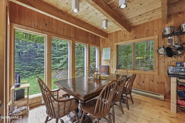 112 Silver St, Lanesborough, MA 01237 - dining space featuring baseboard heating, wood walls, light wood-type flooring, and a wooden ceiling with exposed beams