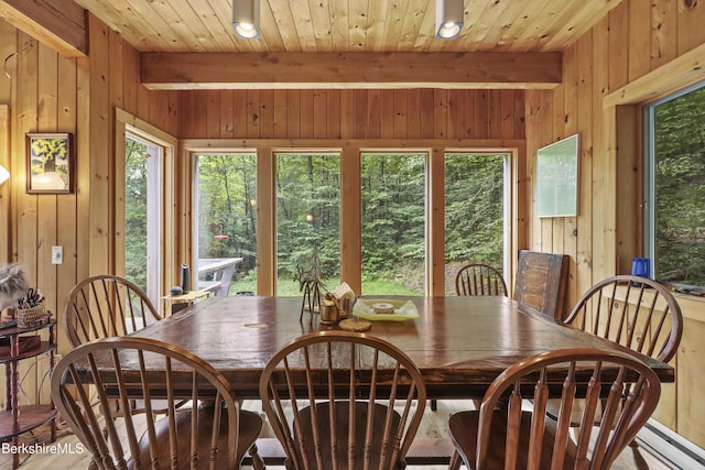 112 Silver St, Lanesborough, MA 01237 - dining space featuring wood walls and a wood ceiling with exposed beams