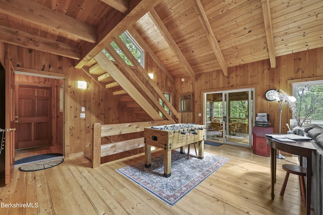 112 Silver St, Lanesborough, MA 01237 - playroom featuring wood walls, wood-type flooring, and wooden ceiling