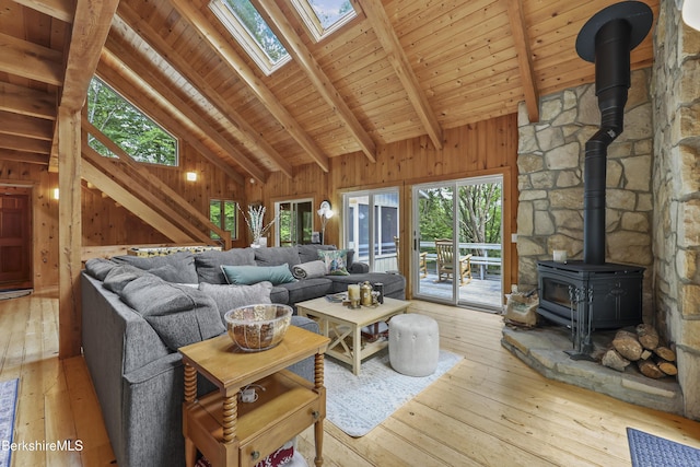 112 Silver St, Lanesborough, MA 01237 - living room featuring a wood stove, wood-type flooring, wooden walls, a wood ceiling with exposed beams, and high vaulted ceiling
