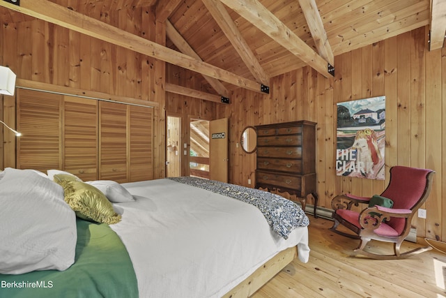 112 Silver St, Lanesborough, MA 01237 - bedroom featuring wooden walls, hardwood / wood-style floors, wooden ceiling, and a closet