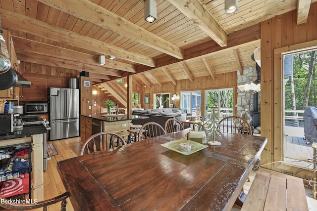 112 Silver St, Lanesborough, MA 01237 - dining room with light wood-type flooring, wooden walls, and a wooden ceiling with exposed beams