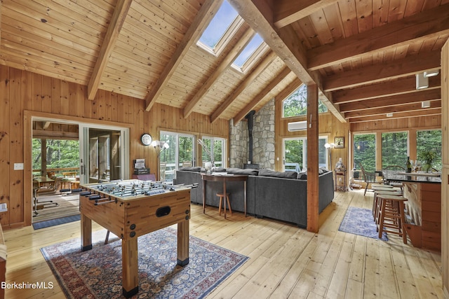 112 Silver St, Lanesborough, MA 01237 - rec room featuring light wood-style floors, wood ceiling, plenty of natural light, wooden walls, and a skylight
