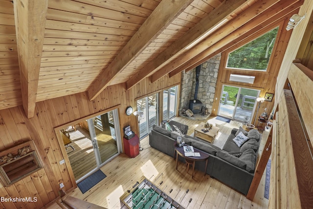 112 Silver St, Lanesborough, MA 01237 - living area featuring a wood stove, wood-type flooring, wooden ceiling, and wooden walls
