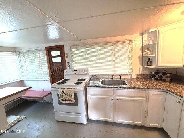 8 Brook Ln, Becket, MA 01223 - kitchen featuring white electric stove, white cabinets, open shelves, and dark stone counters