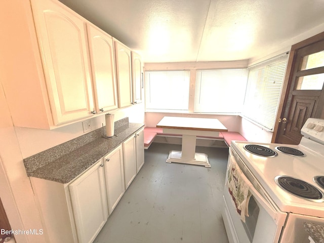 8 Brook Ln, Becket, MA 01223 - kitchen with white range with electric stovetop, a textured ceiling, and wood finished floors