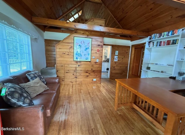 8 Brook Ln, Becket, MA 01223 - living area featuring wooden walls, wood ceiling, wood-type flooring, and high vaulted ceiling